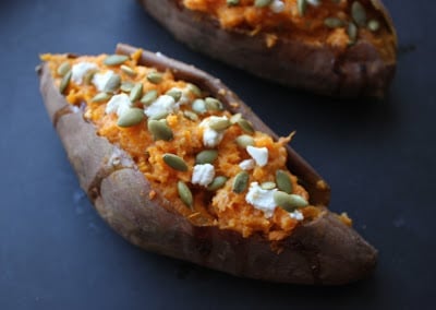 mashed-sweet-potatoes-with-goat-cheese-and-pepitas