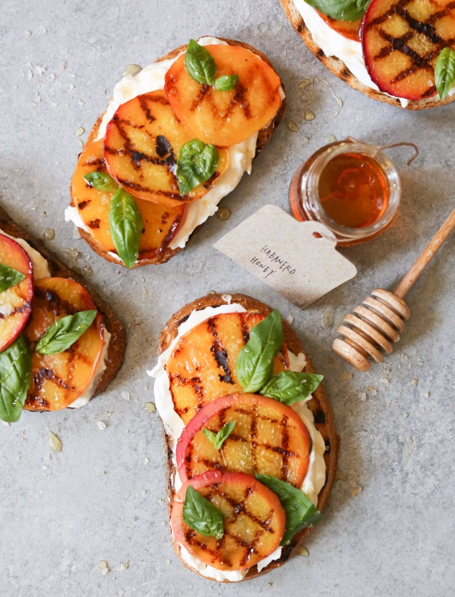 Grilled-Peach-Tartines-with-Burrata-Basil-Honey