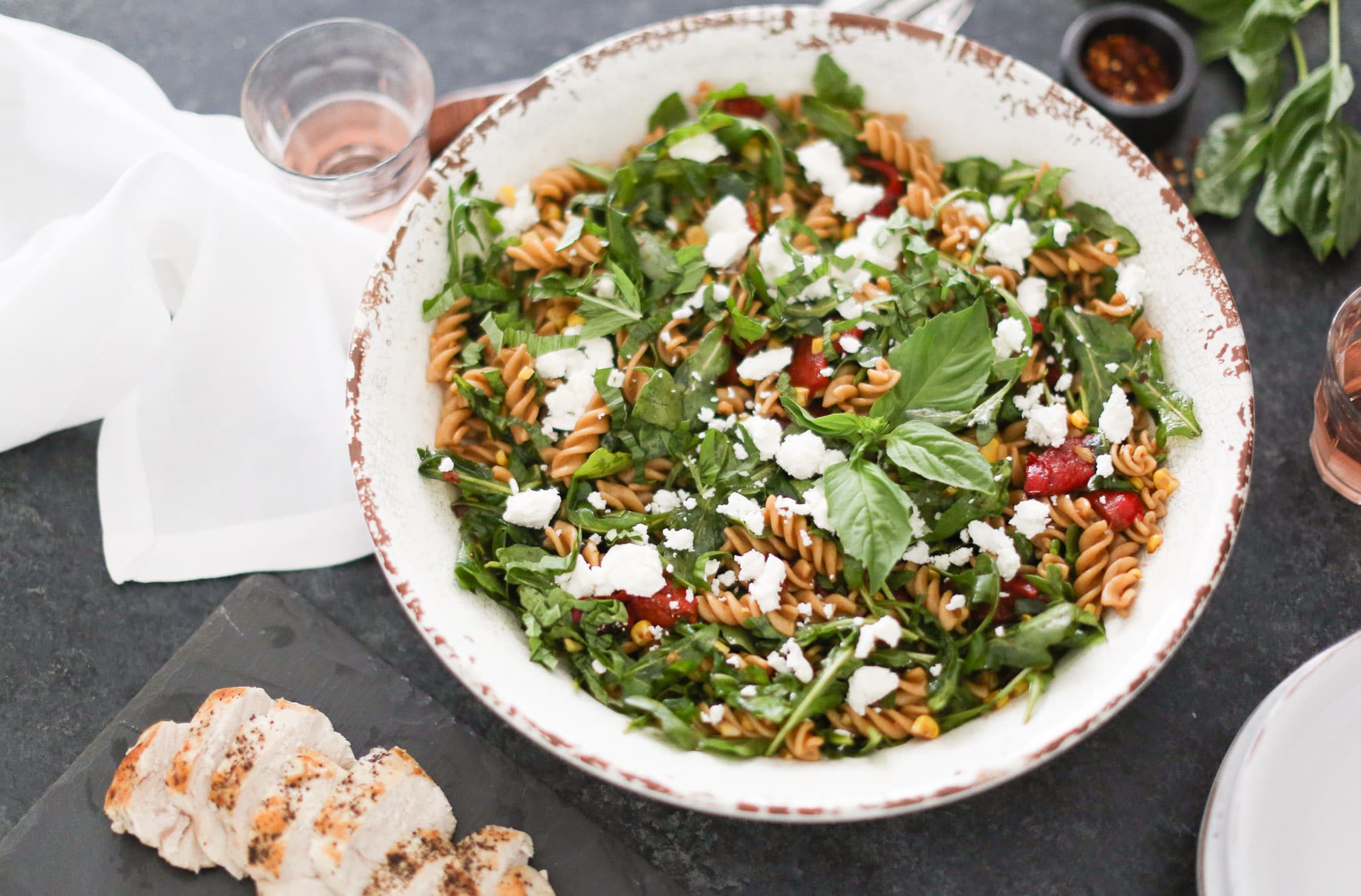 Pasta Salad with Arugula, Roasted Red Peppers, and Sweet Corn