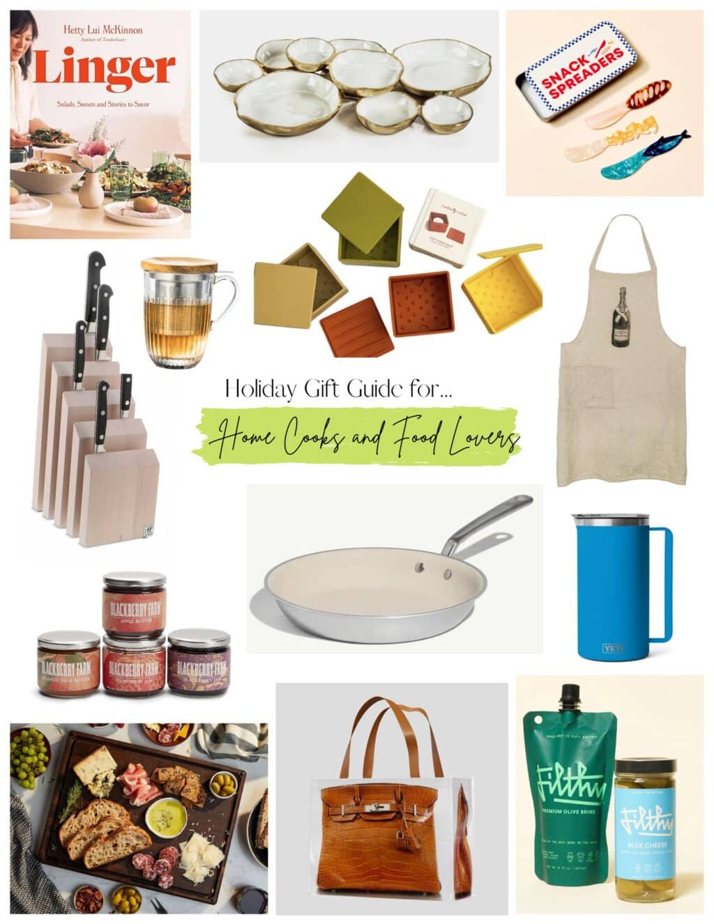 A collage of items included in the holiday gift guide for home cooks and food lovers.
